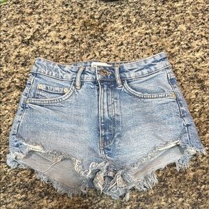 Zara Blue Jean Shorts with Frayed Hem and Distressed Details